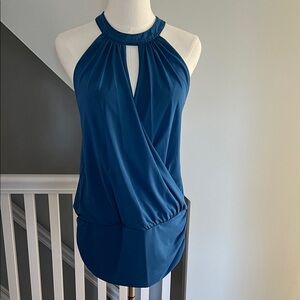 Moda International Teal Halter Keyhole Draped Blouse